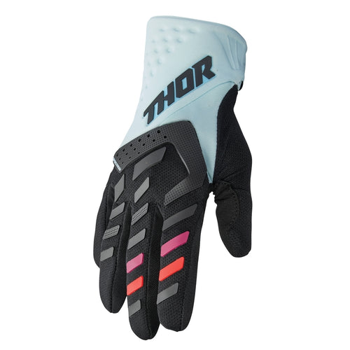 A single black and light blue "GLOVE S23 THOR MX SPECTRUM WOMEN BLACK/MIDNIGHT" motorcycle glove by THOR MX with a padded palm and touch screen compatible fingers, featuring padded knuckles with gray, purple, pink, and red accents.