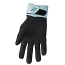 A single black and light blue "GLOVE S23 THOR MX SPECTRUM WOMEN BLACK/MIDNIGHT" motorcycle glove by THOR MX with a padded palm and touch screen compatible fingers, featuring padded knuckles with gray, purple, pink, and red accents.