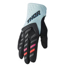 A single black and light blue "GLOVE S23 THOR MX SPECTRUM WOMEN BLACK/MIDNIGHT" motorcycle glove by THOR MX with a padded palm and touch screen compatible fingers, featuring padded knuckles with gray, purple, pink, and red accents.