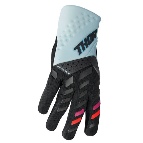 A single black and light blue "GLOVE S23 THOR MX SPECTRUM WOMEN BLACK/MIDNIGHT" motorcycle glove by THOR MX with a padded palm and touch screen compatible fingers, featuring padded knuckles with gray, purple, pink, and red accents.