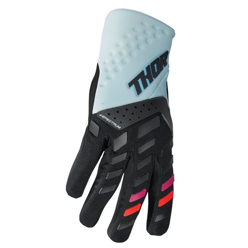 A single black and light blue "GLOVE S23 THOR MX SPECTRUM WOMEN BLACK/MIDNIGHT" motorcycle glove by THOR MX with a padded palm and touch screen compatible fingers, featuring padded knuckles with gray, purple, pink, and red accents.