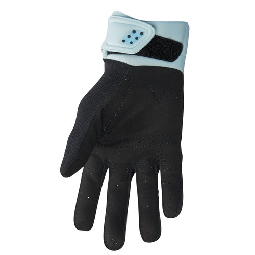 A single black and light blue "GLOVE S23 THOR MX SPECTRUM WOMEN BLACK/MIDNIGHT" motorcycle glove by THOR MX with a padded palm and touch screen compatible fingers, featuring padded knuckles with gray, purple, pink, and red accents.