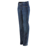 The Alpinestars Stella Angeles Denim Pants by Crown Kiwi Enterprises Limited are blue stretch denim jeans with a classic straight-leg design. They feature front and back pockets, visible stitching, and a slight fade at the thighs and knees for a worn-in look, tailored for an ideal female fit.
