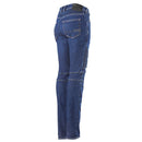 These Alpinestars Stella Callie Denim Pants in Blue from Crown Kiwi Enterprises Limited offer a side view of slim-fit denim with panel details on the thighs and a stylish silhouette. Designed for female riders, these jeans feature a five-pocket style, visible stitching, and provide impact protection without sacrificing fashion.