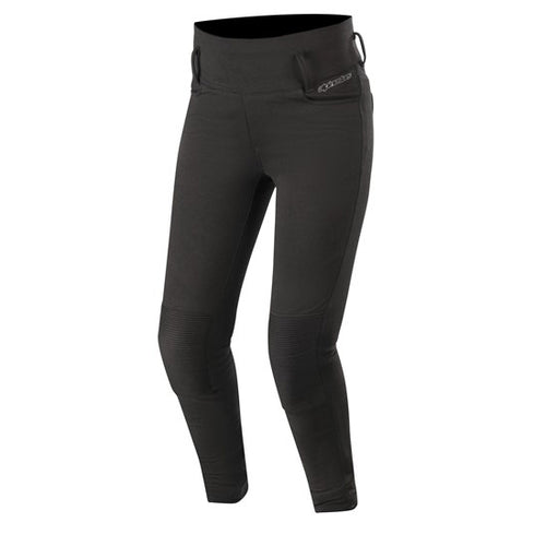 The Alpinestars Banshee Women's Leggings by ALPINESTARS are black motorcycle pants with reinforced knees and zippered side pockets. They include CE-certified knee protection, a logo on the side, waist loops, and an aramid fiber lining for added durability and style.