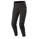 The Alpinestars Banshee Women's Leggings by ALPINESTARS are black motorcycle pants with reinforced knees and zippered side pockets. They include CE-certified knee protection, a logo on the side, waist loops, and an aramid fiber lining for added durability and style.