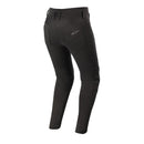 The Alpinestars Banshee Women's Leggings by ALPINESTARS are black motorcycle pants with reinforced knees and zippered side pockets. They include CE-certified knee protection, a logo on the side, waist loops, and an aramid fiber lining for added durability and style.