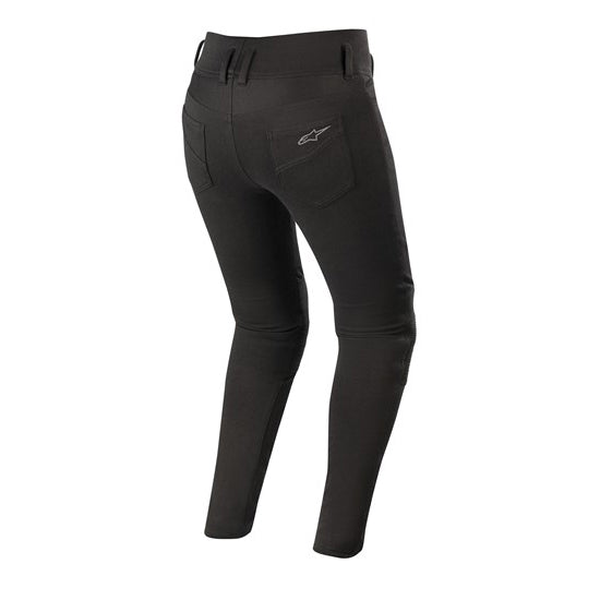 The Alpinestars Banshee Women's Leggings by ALPINESTARS are black motorcycle pants with reinforced knees and zippered side pockets. They include CE-certified knee protection, a logo on the side, waist loops, and an aramid fiber lining for added durability and style.