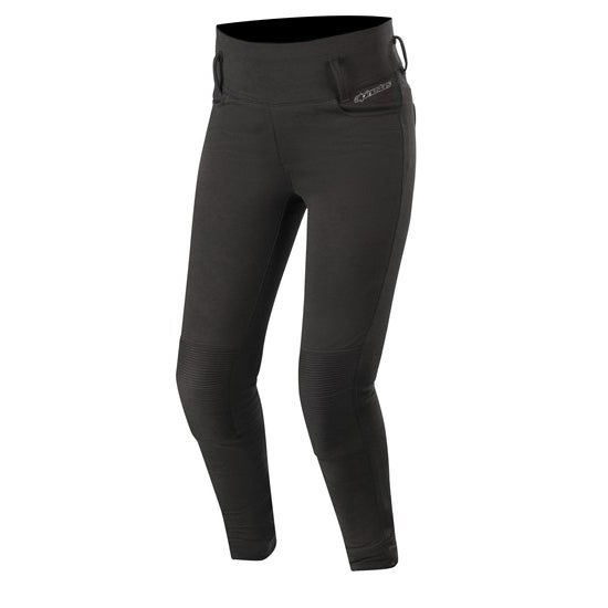 The Alpinestars Banshee Women's Leggings by ALPINESTARS are black motorcycle pants with reinforced knees and zippered side pockets. They include CE-certified knee protection, a logo on the side, waist loops, and an aramid fiber lining for added durability and style.