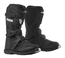 Two black THOR STRAPS BOOT S19Y Blitz XP Youth Mini motocross boots, size 10-13, from THOR MX. These boots feature adjustable buckles, sturdy leather construction, reinforced toe caps, and the brand name "Thor" prominently printed on the front. The Youth Mini design provides additional padding and a rugged sole for enhanced protection and durability.