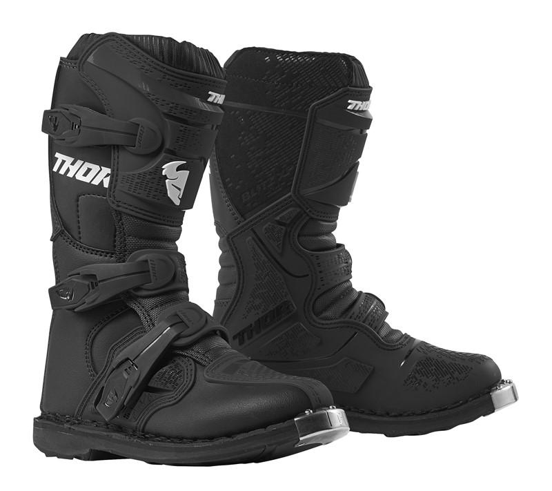 Two black THOR STRAPS BOOT S19Y Blitz XP Youth Mini motocross boots, size 10-13, from THOR MX. These boots feature adjustable buckles, sturdy leather construction, reinforced toe caps, and the brand name "Thor" prominently printed on the front. The Youth Mini design provides additional padding and a rugged sole for enhanced protection and durability.