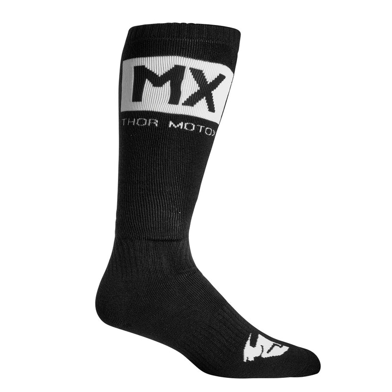 A single THOR MX SOCKS BLACK/WHITE with ribbed panels and "THOR MX" in bold white letters on the calf, "Thor-Motocross" written underneath in smaller text. The toe area features a white logo of a helmeted figure in profile, designed to fit comfortably with knee braces.
