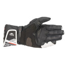 A black, white, and red road glove with reinforced knuckles and detailed stitching, featuring the ALPINESTARS logo and the designation "Stella SP-8 v3" on the wrist area. The bike glove is positioned horizontally, showing the palm and fingers.