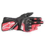 Introducing the Alpinestars Stella SP-8 v3 Gloves by Crown Kiwi Enterprises Limited: These black and red racing gloves come equipped with armored knuckles and ventilation holes. Embellished with a prominent star logo on the wrist, they're crafted from abrasion-resistant leather for optimal protection and performance. Designed specifically for women, these gloves offer a performance fit that enhances durability and grip.