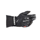 The Alpinestars Boulder Gore-Tex Gloves by ALPINESTARS feature over-injected knuckle protection, flexible joints, and a wrist strap. The textured material provides grip, accented with a logo. They're showcased palm-side against a white background to highlight the design.