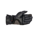 The Alpinestars Boulder Gore-Tex Gloves by ALPINESTARS feature over-injected knuckle protection, flexible joints, and a wrist strap. The textured material provides grip, accented with a logo. They're showcased palm-side against a white background to highlight the design.