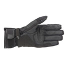 The Alpinestars Andes v3 Drystar Gloves, in black and dark gray with white branding, are made from goat leather for excellent grip. They feature reinforced sections for protection and are touch-screen compatible, offering durability and a perfect mix of style and functionality.