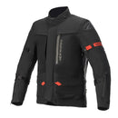 The Alpinestars Altamira Gore-Tex Jacket by ALPINESTARS is a black motorcycle jacket with gray accents and red detailing on the pockets and arms. It features adjustable straps, PrimaLoft Insulation for warmth, multiple pockets, and branding on the chest and arm, focusing on durability and functionality.