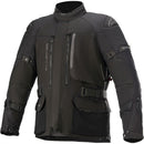 The Alpinestars Ketchum Gore-Tex Jacket in black by Crown Kiwi Enterprises Limited is a rugged motorcycle jacket designed for all-weather protection. It features multiple pockets, zippers, adjustable straps, and branding on the sleeve and chest.