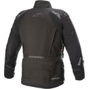 The Alpinestars Ketchum Gore-Tex Jacket in black by Crown Kiwi Enterprises Limited is a rugged motorcycle jacket designed for all-weather protection. It features multiple pockets, zippers, adjustable straps, and branding on the sleeve and chest.