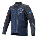 The Alpinestars Boulder Gore-Tex Jacket by ALPINESTARS is a navy and black motorcycle jacket featuring a white star chest logo, colored sleeve accents, Superfabric protection for durability, and adjustable arm and waist straps for a custom fit.