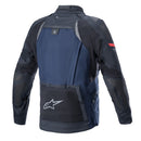 The Alpinestars Boulder Gore-Tex Jacket by ALPINESTARS is a navy and black motorcycle jacket featuring a white star chest logo, colored sleeve accents, Superfabric protection for durability, and adjustable arm and waist straps for a custom fit.