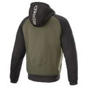 The Alpinestars Chrome Sport Hoodie by ALPINESTARS is an olive and black zip-front jacket with abrasion resistance, featuring a stylized white chest logo, hood drawstrings, and two front pockets. The sleeves and hood are black while the main body is olive.
