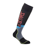 The Alpinestars Youth MX Plus-2 Socks, offered by Crown Kiwi Enterprises Limited, are black knee-high socks featuring gray and blue sections. They display a red and white geometric logo and are designed with comfort in mind. For enhanced breathability, they include a lime green stripe along the foot and heel area.