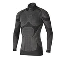 The Alpinestars Ride Tech Winter Top by Crown Kiwi Enterprises Limited is a black and gray long-sleeve compression shirt with a high collar, designed with textured padding patterns for thermal protection. Detailed designs on the chest, arms, and sides provide enhanced support, making it ideal as performance underwear.
