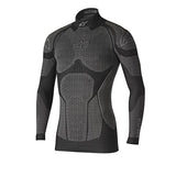 The Alpinestars Ride Tech Winter Top by Crown Kiwi Enterprises Limited is a black and gray long-sleeve compression shirt with a high collar, designed with textured padding patterns for thermal protection. Detailed designs on the chest, arms, and sides provide enhanced support, making it ideal as performance underwear.