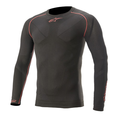 Introducing the Alpinestars Ride Tech v2 Top Long Sleeve by Crown Kiwi Enterprises Limited. This black athletic shirt features striking red stitching and a logo near the neckline. Designed with a compression fit, it includes reinforced areas, perfect for sports or active wear. Made from moisture-wicking fibers, it provides comfort during intense summer rides or workouts.