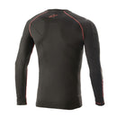 Introducing the Alpinestars Ride Tech v2 Top Long Sleeve by Crown Kiwi Enterprises Limited. This black athletic shirt features striking red stitching and a logo near the neckline. Designed with a compression fit, it includes reinforced areas, perfect for sports or active wear. Made from moisture-wicking fibers, it provides comfort during intense summer rides or workouts.