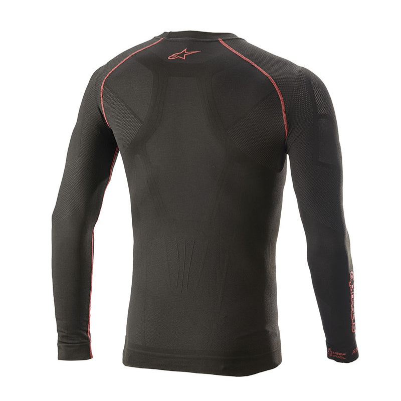 Introducing the Alpinestars Ride Tech v2 Top Long Sleeve by Crown Kiwi Enterprises Limited. This black athletic shirt features striking red stitching and a logo near the neckline. Designed with a compression fit, it includes reinforced areas, perfect for sports or active wear. Made from moisture-wicking fibers, it provides comfort during intense summer rides or workouts.