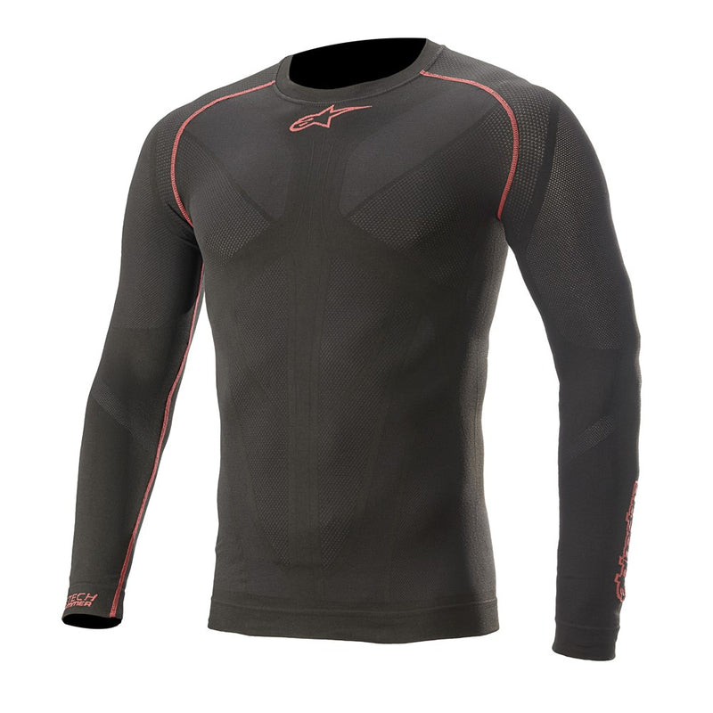 Introducing the Alpinestars Ride Tech v2 Top Long Sleeve by Crown Kiwi Enterprises Limited. This black athletic shirt features striking red stitching and a logo near the neckline. Designed with a compression fit, it includes reinforced areas, perfect for sports or active wear. Made from moisture-wicking fibers, it provides comfort during intense summer rides or workouts.