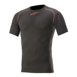 The Alpinestars Ride Tech v2 Top Short Sleeve by Crown Kiwi Enterprises Limited is a moisture-wicking base layer featuring a fitted design, textured patterns, and red stitching on a black short-sleeved performance compression shirt with a small logo on the chest.