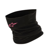 The Alpinestars Neck Warmer Baselayer by Crown Kiwi Enterprises Limited is a black neck gaiter with a pink emblem on the side, showcasing a slightly gathered and textured design. This moisture-wicking neck warmer provides excellent wind protection, ensuring comfort in various weather conditions.