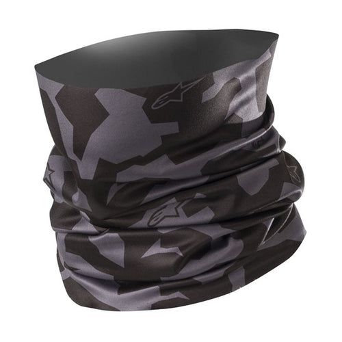 The Alpinestars Camo Neck Tube by ALPINESTARS is a dark gray and black camouflage-patterned neck gaiter made of lightweight polyester microfibre. Seamlessly constructed, it has subtle branding and is shaped cylindrically to offer warmth or protection.