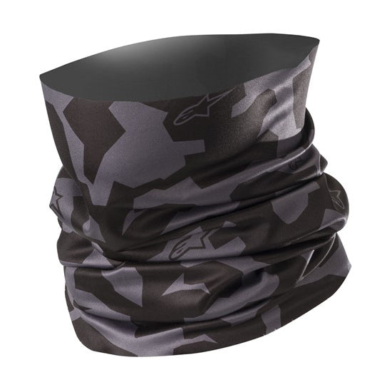 The Alpinestars Camo Neck Tube by ALPINESTARS is a dark gray and black camouflage-patterned neck gaiter made of lightweight polyester microfibre. Seamlessly constructed, it has subtle branding and is shaped cylindrically to offer warmth or protection.