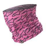 The ALPINESTARS Alpinestars Astars Neck Tube is a lightweight, pink gaiter with a black abstract pattern, ideal for spring and summer rides. Displayed upright in the image, it enhances rider comfort and includes a small tag near the bottom edge.