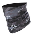 Introducing the Alpinestars Tactical Neck Tube Black/Gray by Crown Kiwi Enterprises Limited, a stylish camouflage neck gaiter showcasing a gray and black pattern adorned with white star-like symbols. Made from polyester microfibre, this lightweight neck tube features seamless construction for a soft, stretchy fit that ensures all-day comfort.