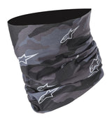 Introducing the Alpinestars Tactical Neck Tube Black/Gray by Crown Kiwi Enterprises Limited, a stylish camouflage neck gaiter showcasing a gray and black pattern adorned with white star-like symbols. Made from polyester microfibre, this lightweight neck tube features seamless construction for a soft, stretchy fit that ensures all-day comfort.
