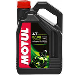Image of a black container of Motul 5100 4T 10w40 4L. The container features a red cap, a red vertical Motul logo on the left, and an image of a green motorcycle with a rider on the front.