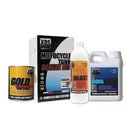 The image showcases four KBS products: a bottle of Rust Blast, a can of Gold Standard tank sealer, a bottle of Aqua Klean, and a box labeled "KBS FUEL TANK SEALER KIT." These items are designed for cleaning, prepping, and sealing motorcycle fuel tanks to ensure a rust-free fuel tank.