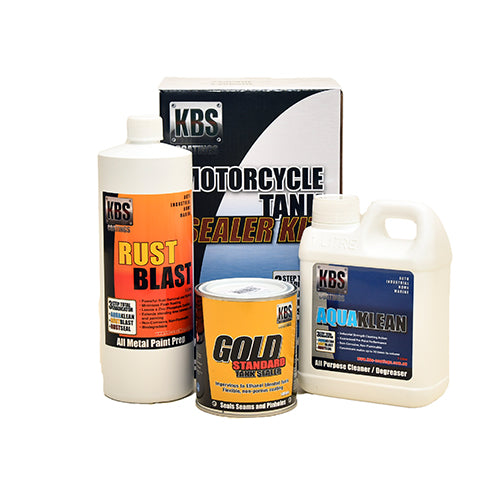 The image showcases four KBS products: a bottle of Rust Blast, a can of Gold Standard tank sealer, a bottle of Aqua Klean, and a box labeled "KBS FUEL TANK SEALER KIT." These items are designed for cleaning, prepping, and sealing motorcycle fuel tanks to ensure a rust-free fuel tank.