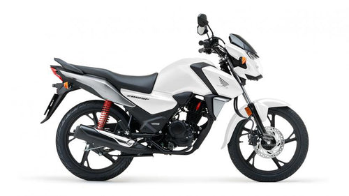 A sleek white motorcycle with a black seat and frame, featuring the Honda logo on the side. The Honda CB125F has a sporty design with red rear suspension springs, black wheels, and modern styling elements. Ideal for bike enthusiasts, its details stand out against the clean white background.