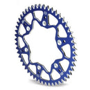 The MOTO MASTER SPROCKET REAR ALLOY is a blue motocross racing sprocket designed for various models, including the KX85, YZ85 (93-21), KX100, YZ80 (93-20), RM80 (93-01), and RM85 (02-21). This lightweight 50T sprocket with a 428 pitch features multiple cut-out sections with teeth along its perimeter. It showcases a unique star-like pattern in the central cutouts and several bolt holes for attachment, all crafted from aircraft-grade 7075-T6 aluminium.