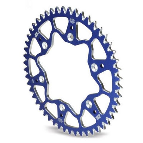 The MOTO MASTER SPROCKET REAR ALLOY is a blue motocross racing sprocket designed for various models, including the KX85, YZ85 (93-21), KX100, YZ80 (93-20), RM80 (93-01), and RM85 (02-21). This lightweight 50T sprocket with a 428 pitch features multiple cut-out sections with teeth along its perimeter. It showcases a unique star-like pattern in the central cutouts and several bolt holes for attachment, all crafted from aircraft-grade 7075-T6 aluminium.