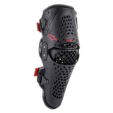 Introducing the Alpinestars SX-1 v2 Knee Guards in Black/Red by Crown Kiwi Enterprises Limited. These knee guards feature a perforated design for enhanced ventilation and a dual strap system to ensure a secure fit. With branding details on the side, they offer excellent support and are your ideal choice for knee protection.