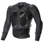 The Alpinestars Bionic Action v2 Jacket by ALPINESTARS features padded shoulders, chest, and elbows with a mesh design for ventilation. It includes adjustable straps for a secure fit and has logos on the chest and waist.