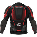 Introducing the Alpinestars Tech-Air Off Road System from Crown Kiwi Enterprises Limited: a black and red protective motorcycle jacket featuring padded armor, mesh ventilation, and buckle closures for optimal safety and comfort. Equipped with an innovative airbag system, this jacket offers superior off-road protection inspired by the demanding conditions of the Dakar Rally.